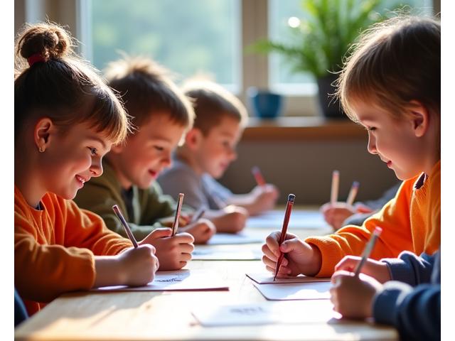 A group of smiling children engrossed in a calligraphy workshop, learning with dip pens and ink in a brightly lit studio.