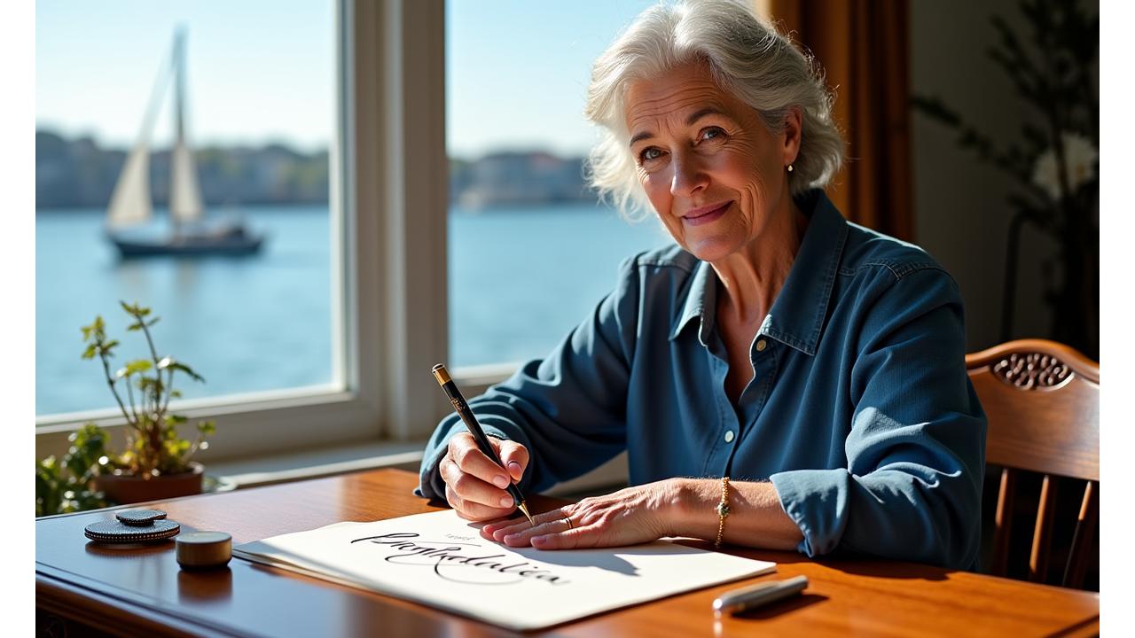 Clara MacLeod, Inkwell Angler's founder, meticulously working on a calligraphy piece with a backdrop hinting at Halifax's waterfront, emphasizing heritage and artistic precision.