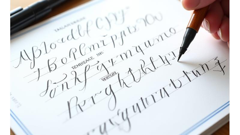 A detailed image showing a calligrapher's workbook with stroke breakdowns and example capital and lowercase letter combinations. The page is clean and instructive.