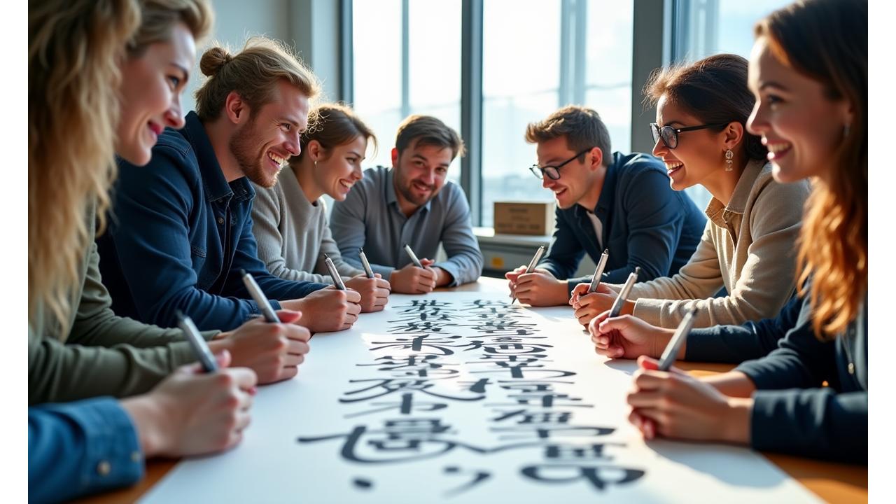 Team members collaboratively creating a large calligraphy piece, smiling and engaged in a brightly lit studio in Halifax, Nova Scotia.