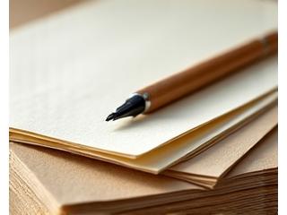 Stack of textured, off-white recycled paper sheets with subtle natural fibers visible, a calligraphy pen nearby.
