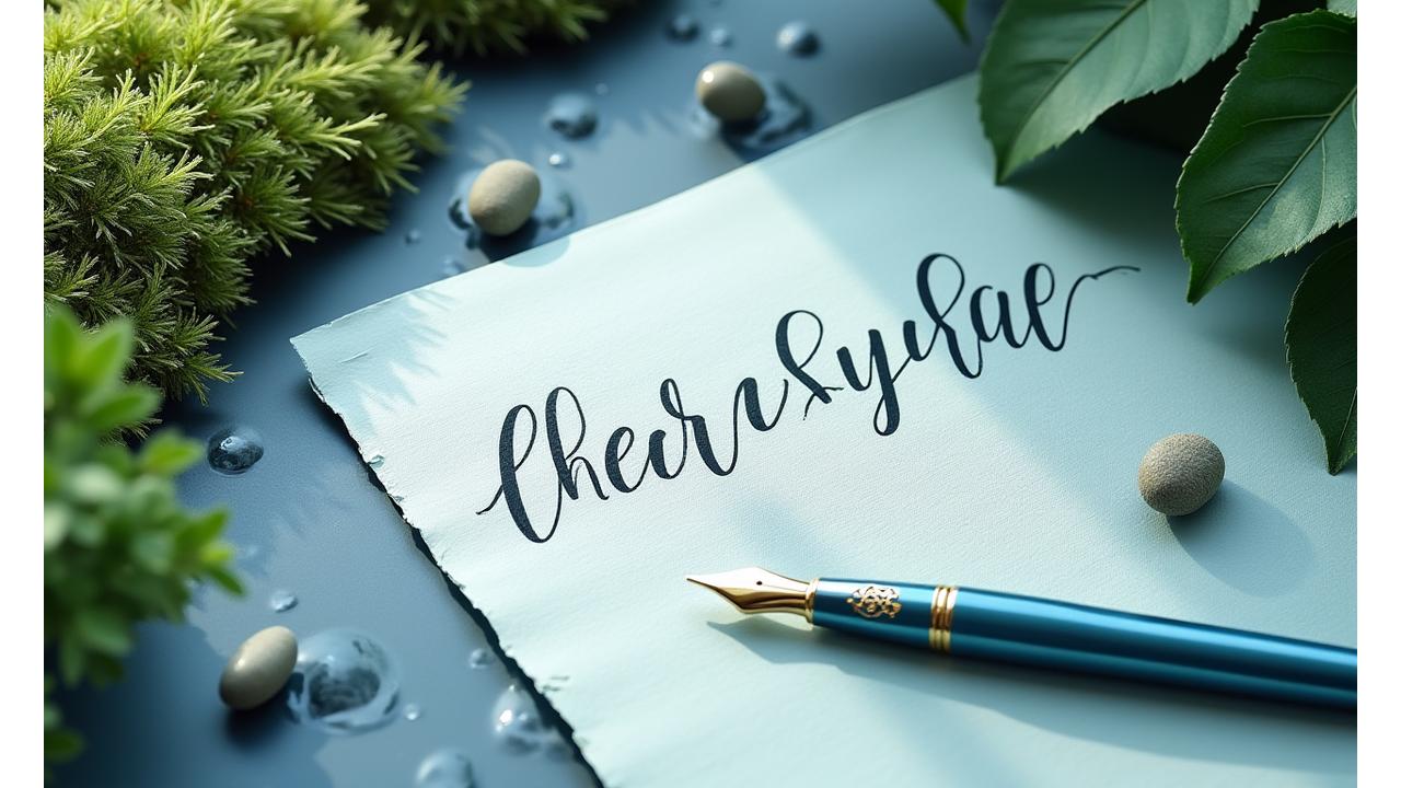 Delicate calligraphy pen resting on naturally dyed paper amidst soft green foliage and gentle flowing water, symbolizing sustainable artistry inspired by Halifax's coastal nature.