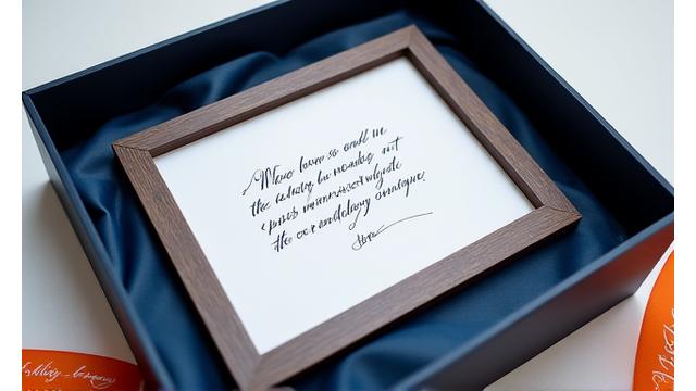 A sophisticated corporate gift-style calligraphy piece featuring a fishing industry business logo alongside an elegant maritime quote, presented in a gift box.