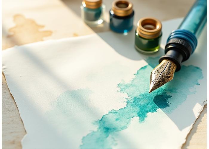 Close-up of various high-quality art materials: textured archival paper, vibrant inks in glass bottles, and a fine calligraphy pen, all arranged elegantly.