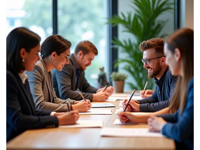 Executives enjoying a calligraphy team building event laughing together