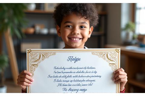 Child proudly displaying a decorated paper scroll with a short story written beautifully in calligraphy.