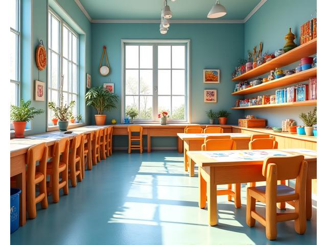 Bright, clean, and organized calligraphy studio with child-sized tables and colourful art supplies, bathed in natural light.