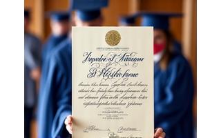 Formal calligraphed graduation certificate held by a graduate in cap and gown, with blurred academic hall background